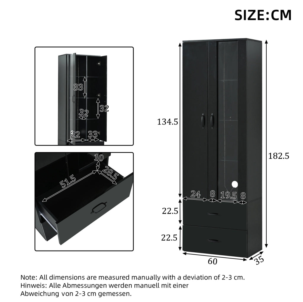 Vetrina moderna con LED e 2 cassetti; 2 ante; 60 x 35 x 182;5 cm; nero