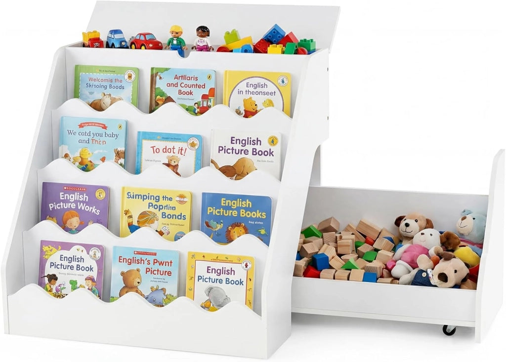 Libreria Montessoriana per Bambini 2in1, Scaffale per Libri a 4 Livelli con Carrello Portagiochi, Vano con Coperchio Ribaltabile, per Cameretta e Stanza dei Giochi, 63x49x61,5 cm (Bianco)