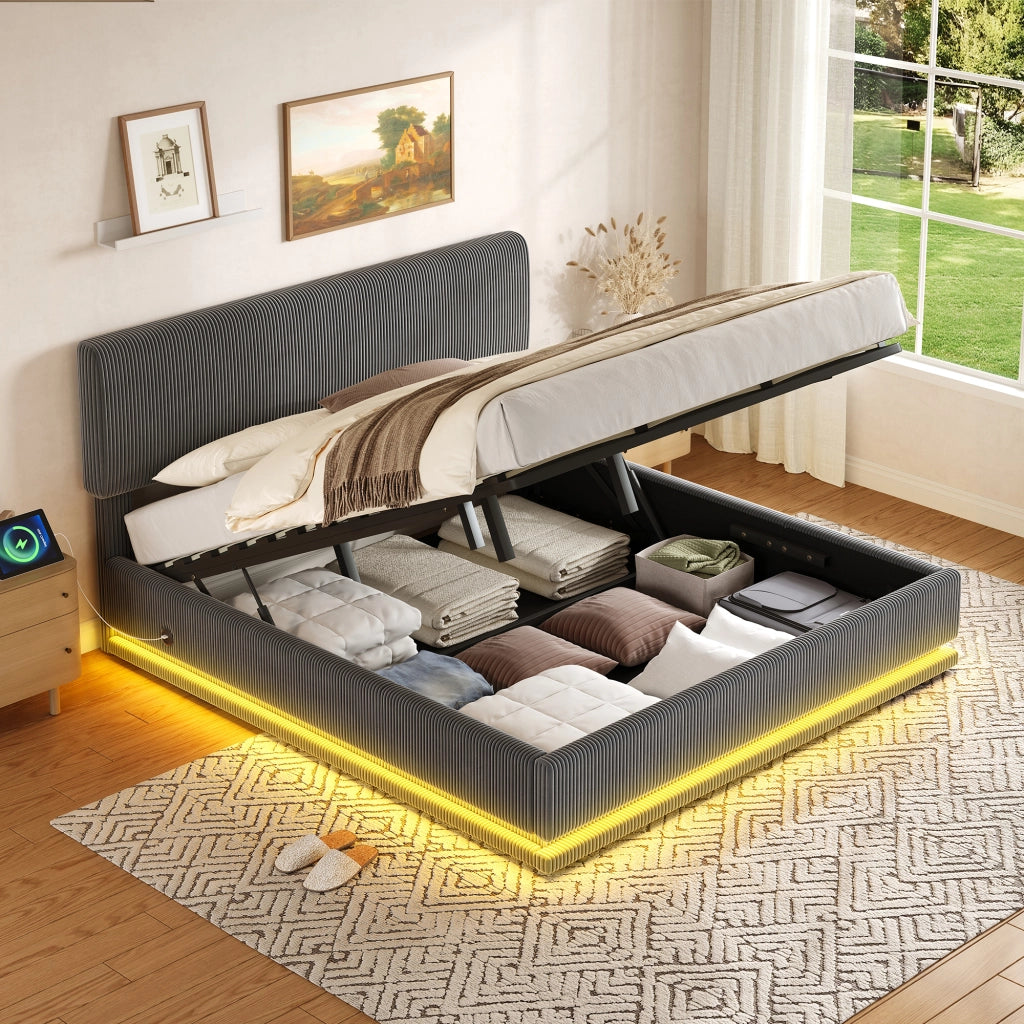 LETTO Contenitore 180x200 cm Grigio Scuro in Corduroy con LED e USB-C