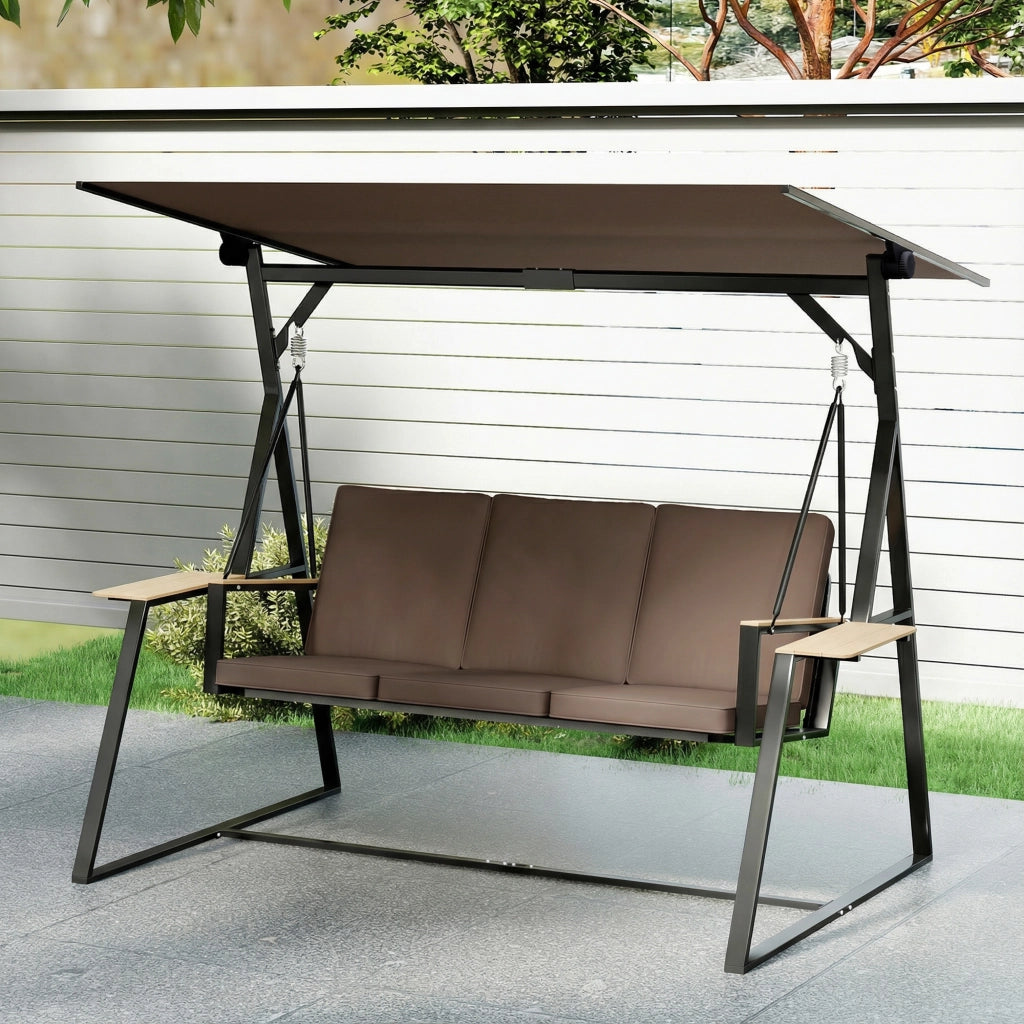 Dondolo da Giardino 3 Posti 222x131x175 cm con Tettuccio Regolabile con Vassoi e Cuscini Imbottiti in Metallo Marrone