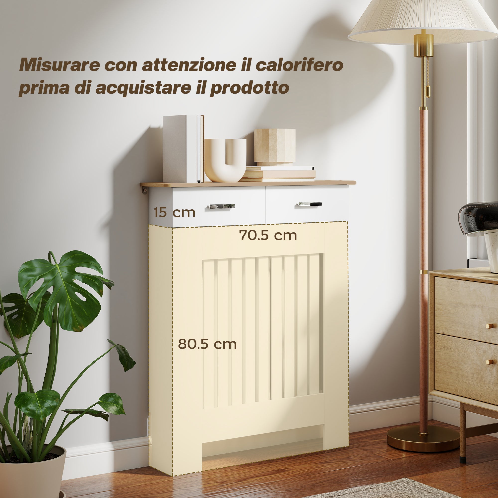 Copritermosifone a Doghe 78x19x97 cm Antiribaltamento con Cassetto in Legno Bianco