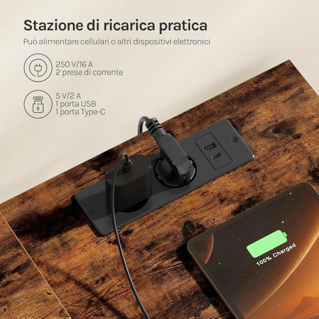 Scrivania Angolare 180x80x84 cm con 5 Cassetti e 2 Ripiani, Scrivania per Computer a L con LED, 2 Prese, 1 Porta USB e 1 Porta Type-C, per Ufficio, Gioco, Studio, Marrone Rustico