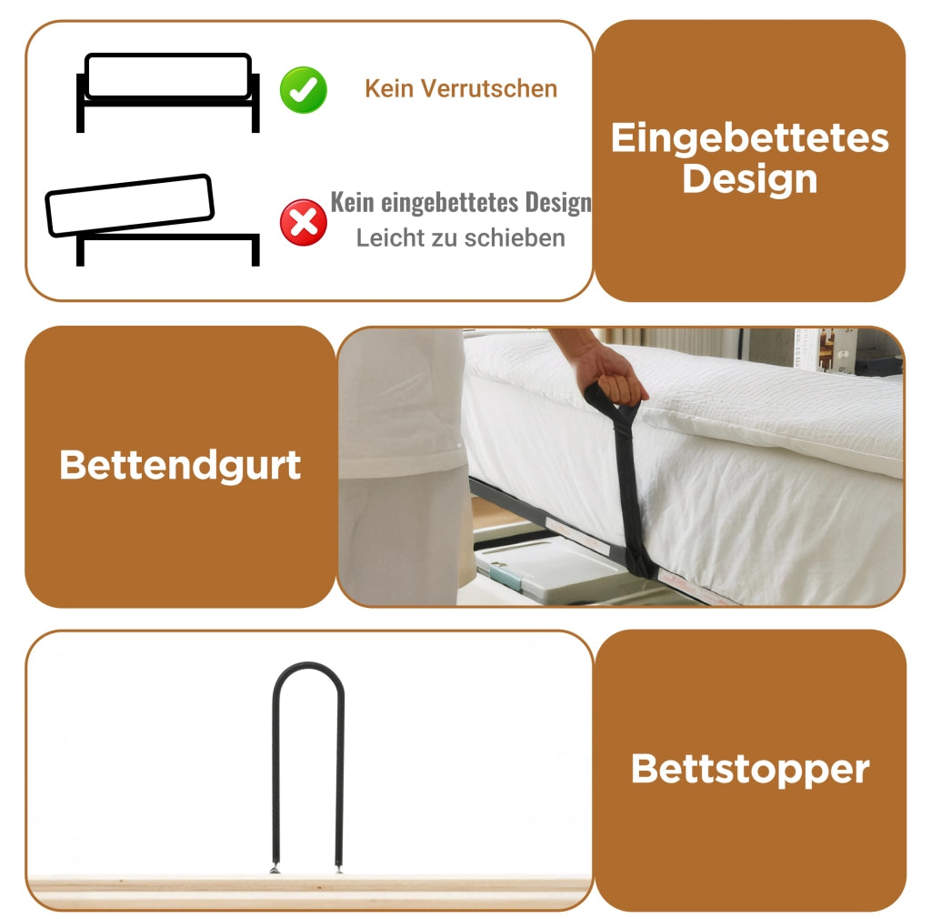 Letto imbottito 140x190 cm con LED, USB e vano contenitore