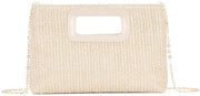 Borsa da sera elegante con catena e stro in rafia, ideale per viaggi e feste, colore beige