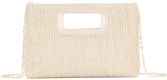 Borsa da sera elegante con catena e stro in rafia, ideale per viaggi e feste, colore beige