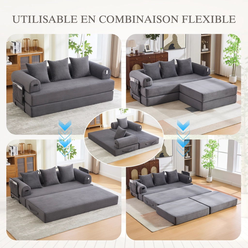 Divano modulare in velluto a coste con tasca laterale e 3 cuscini, struttura in metallo, grigio scuro, design moderno