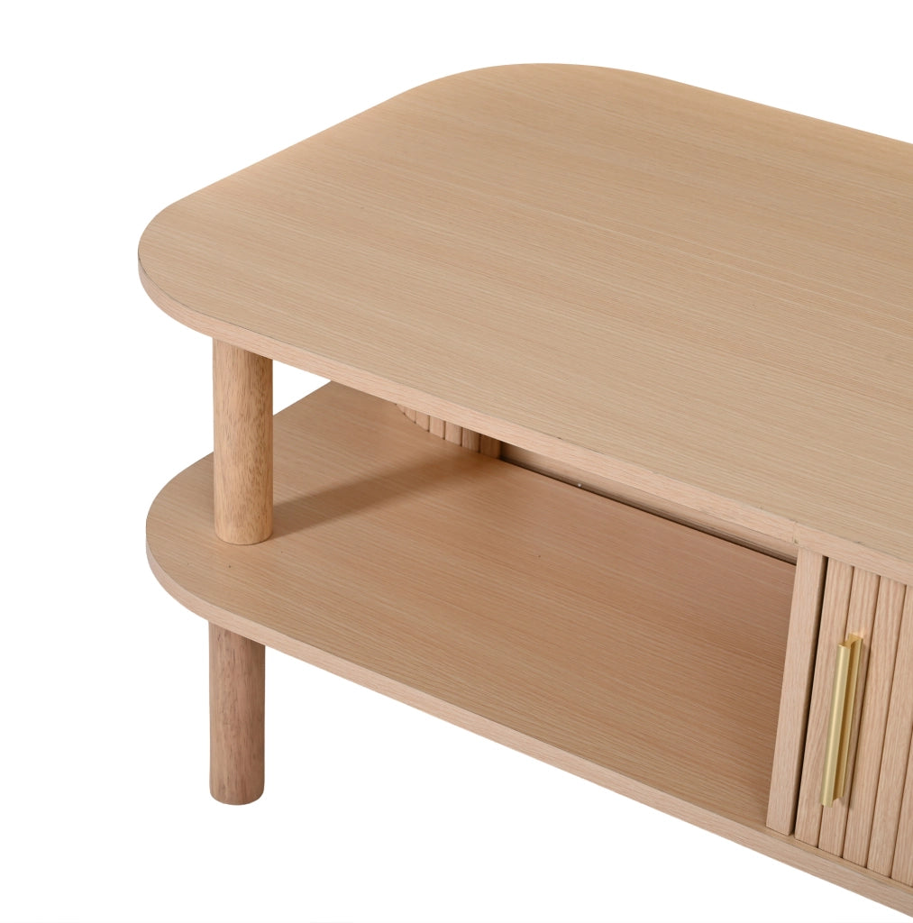Tavolino da caffè 110x55x45 cm con porta scorrevole e vano portaoggetti in MDF naturale