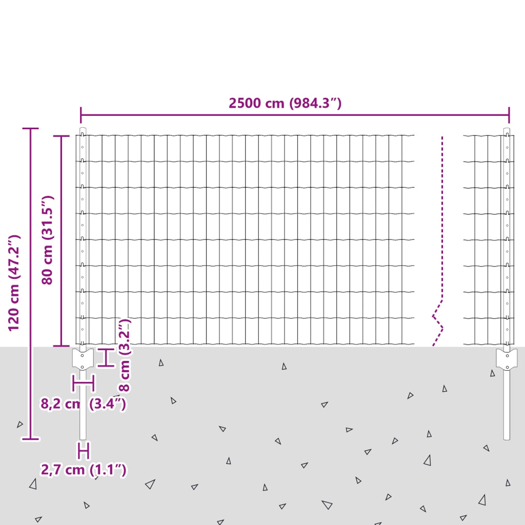 Recinzione euro con 11 pali a U argento 0.8x25 m acciaio