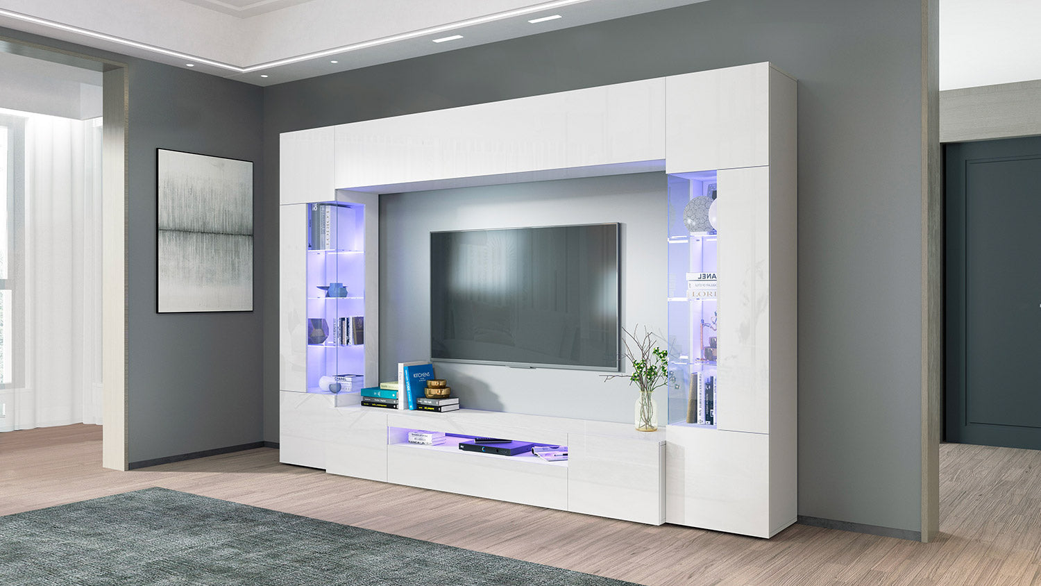 Parete Attrezzata Soggiorno 200x40x35 cm Egypt Bianco Lucido