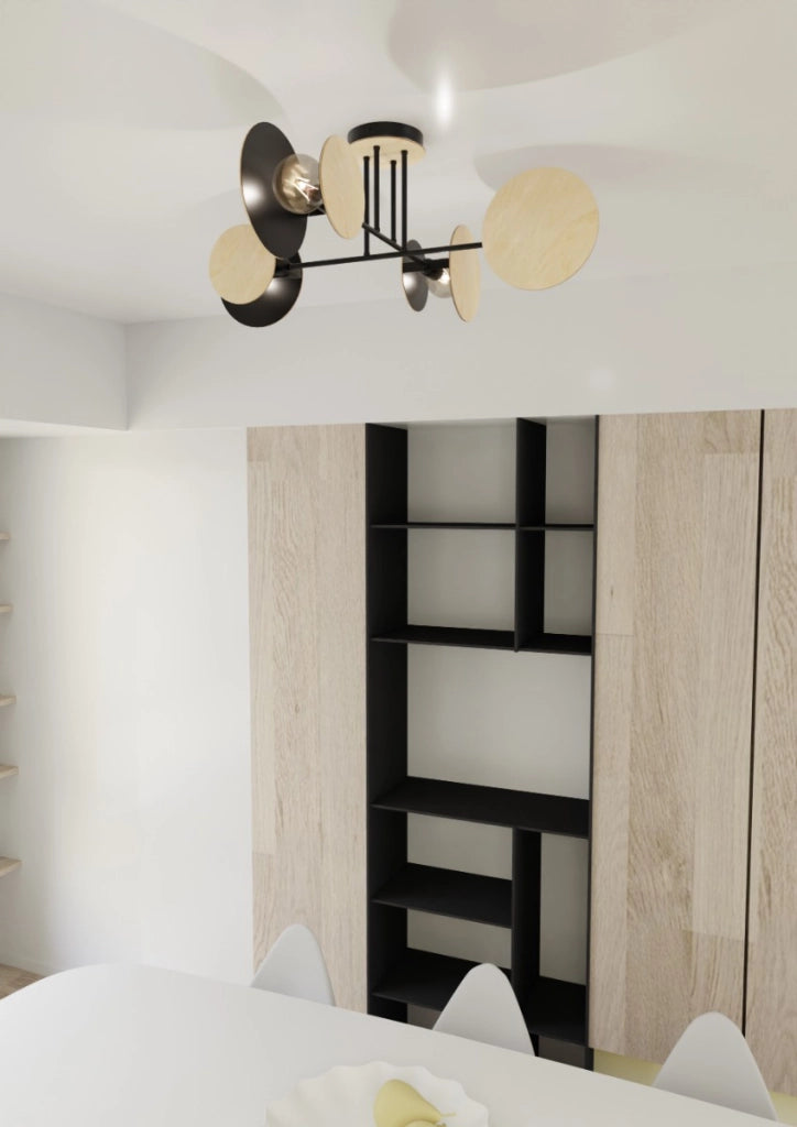 Plafoniera Emibig Zita 4 moderna nera/legno 4xE27 86x36cm