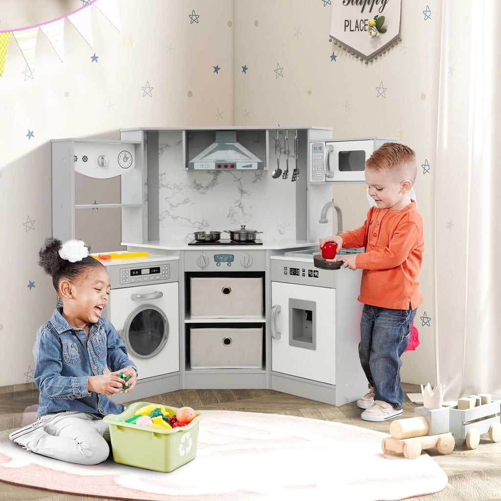 Set di Cucina Giocattolo per Bambini, con Luci e Suoni, Cappa Aspirante illuminata, Fornelli, Forno a Microonde, Distributore d'acqua e Lavatrice, Ideale per Bambini 3 Anni+ (Grigio)