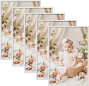 Set di 5 Cornici Foto 40x60 cm con Passepartout, Portafoto da Parete e Tavolo, Verticale o Orizzontale, in Legno Massiccio, Bianco