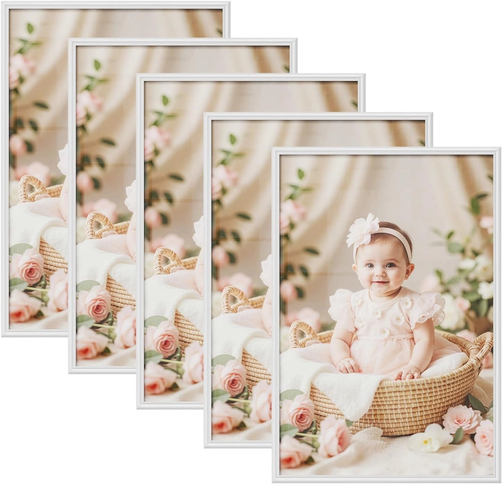 Set di 5 Cornici Foto 40x60 cm con Passepartout, Portafoto da Parete e Tavolo, Verticale o Orizzontale, in Legno Massiccio, Bianco