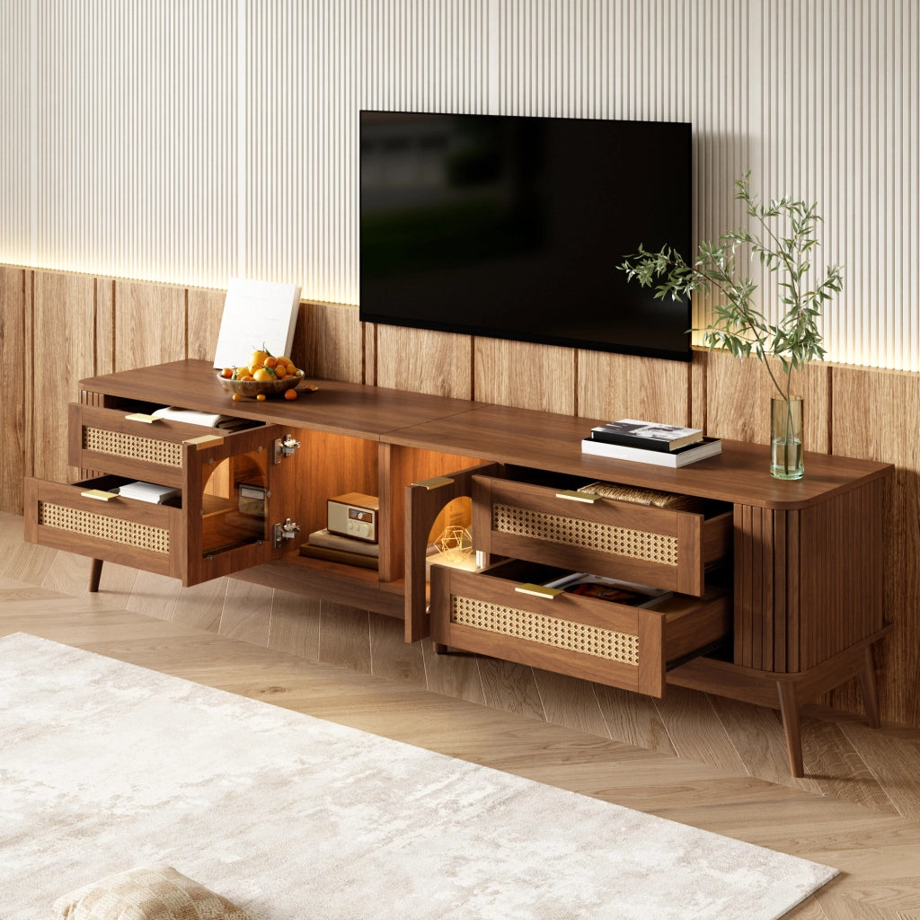 Mobile porta TV con 4 cassetti, 2 ante in vetro curvo, LED con app, per soggiorno, noce, 180 × 40 × 50 cm