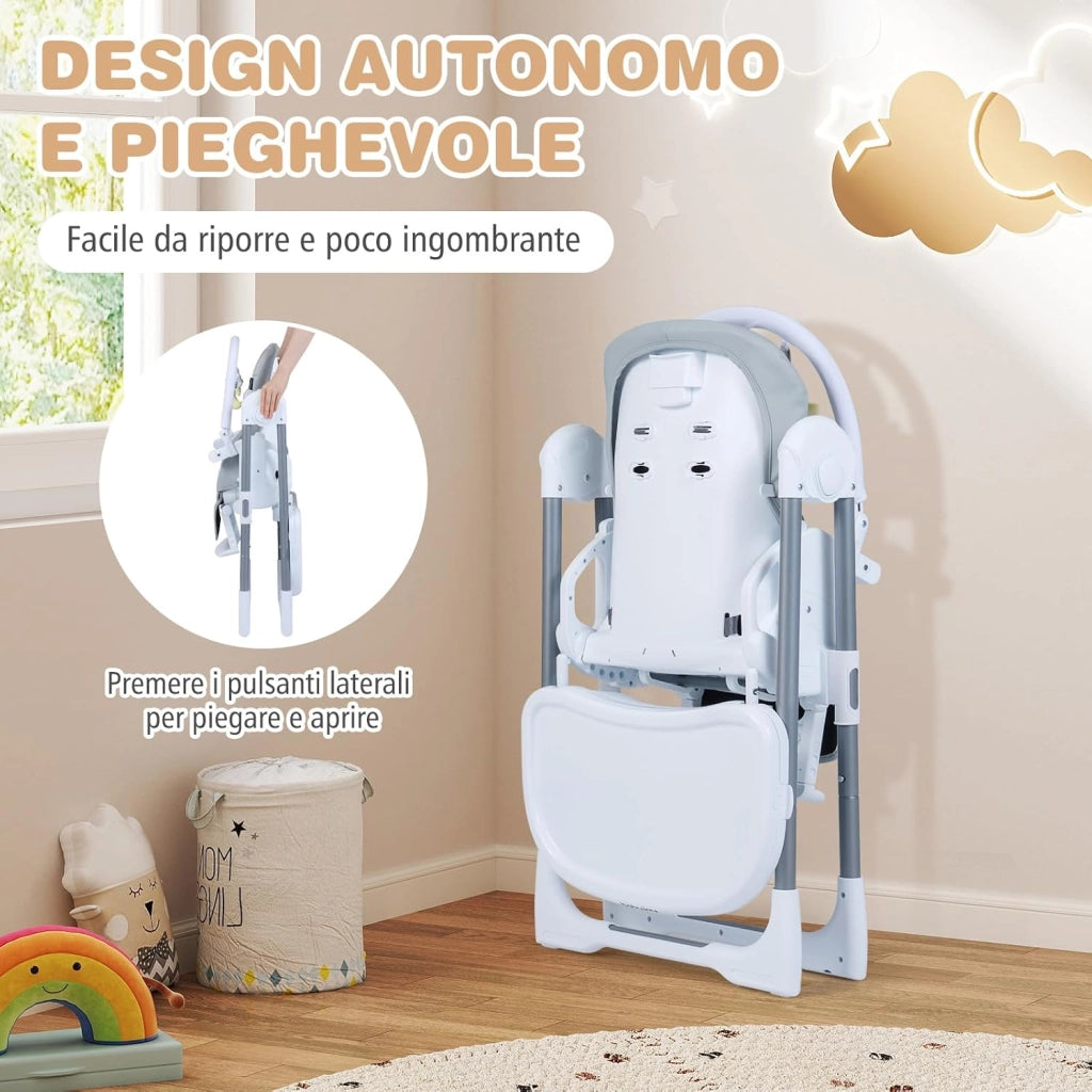 Seggiolone Pappa Portatile, con Altezza Regolabile, Schienale Reclinabile e Vassoio Rimovibile, Seggiolone Evolutivo Pieghevole con Cintura e 2 Ruote, per Bambini 6-36 Mesi (Grigio Chiaro)