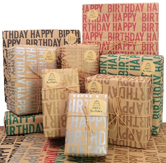 Pacco di regalo per compleanni 12 fogli 70x50 cm - Carta kraft - Carta per imballaggio per compleanni - Confezione di regalo - Alta qualità 85 g/m² - Robusta e ruvida