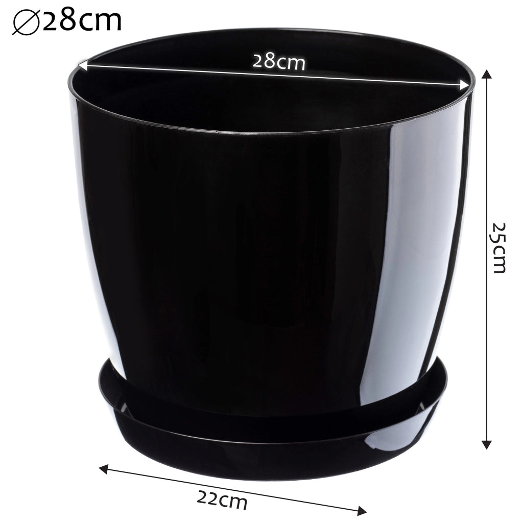 Vaso da fiori KADAX con sottovaso e coperchio in plastica, 28 cm, nero.