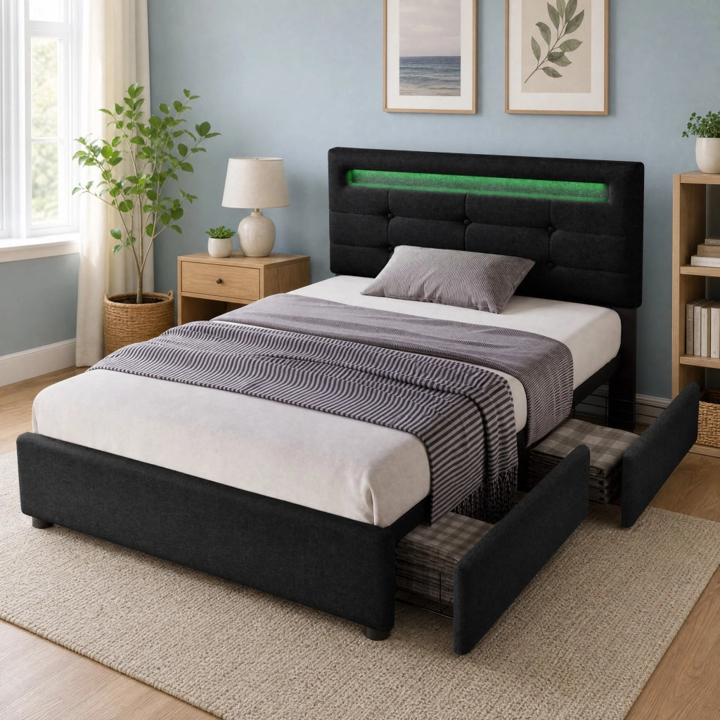 LETTO singolo 90x200 cm con LED, 2 cassetti, lino nero