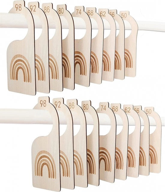 Divisore di armadi - Appesi per abiti - Due set - Misura 50 a 98 - Per abbigliamento per bambini - Set di cartelloni - Divisori per pannolini in legno per bambini