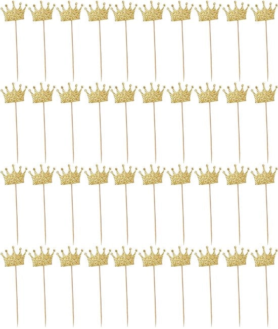 Decorazioni per Cupcake 40 Pack - Corona d'Oro - Glitter - Papiro di Bamboo di Qualità Alimentare