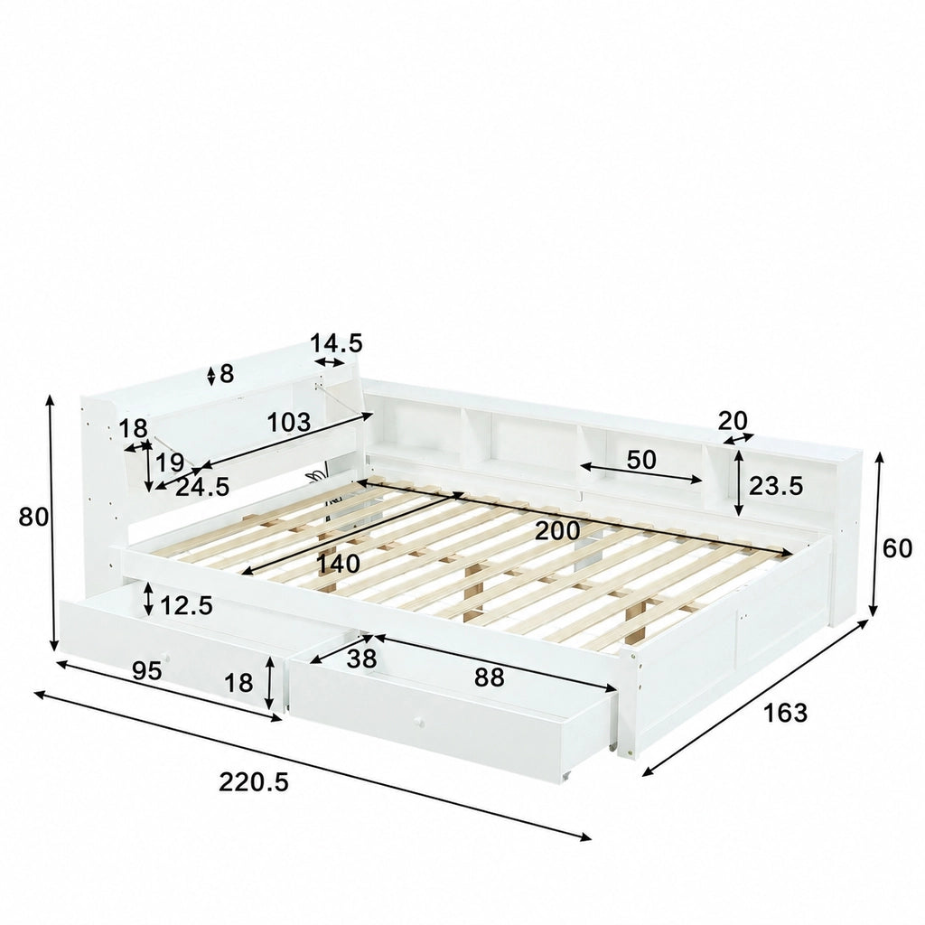 Letto matrimoniale 140x200 in legno bianco con testiera contenitore; prese USB; luci e 2 cassetti