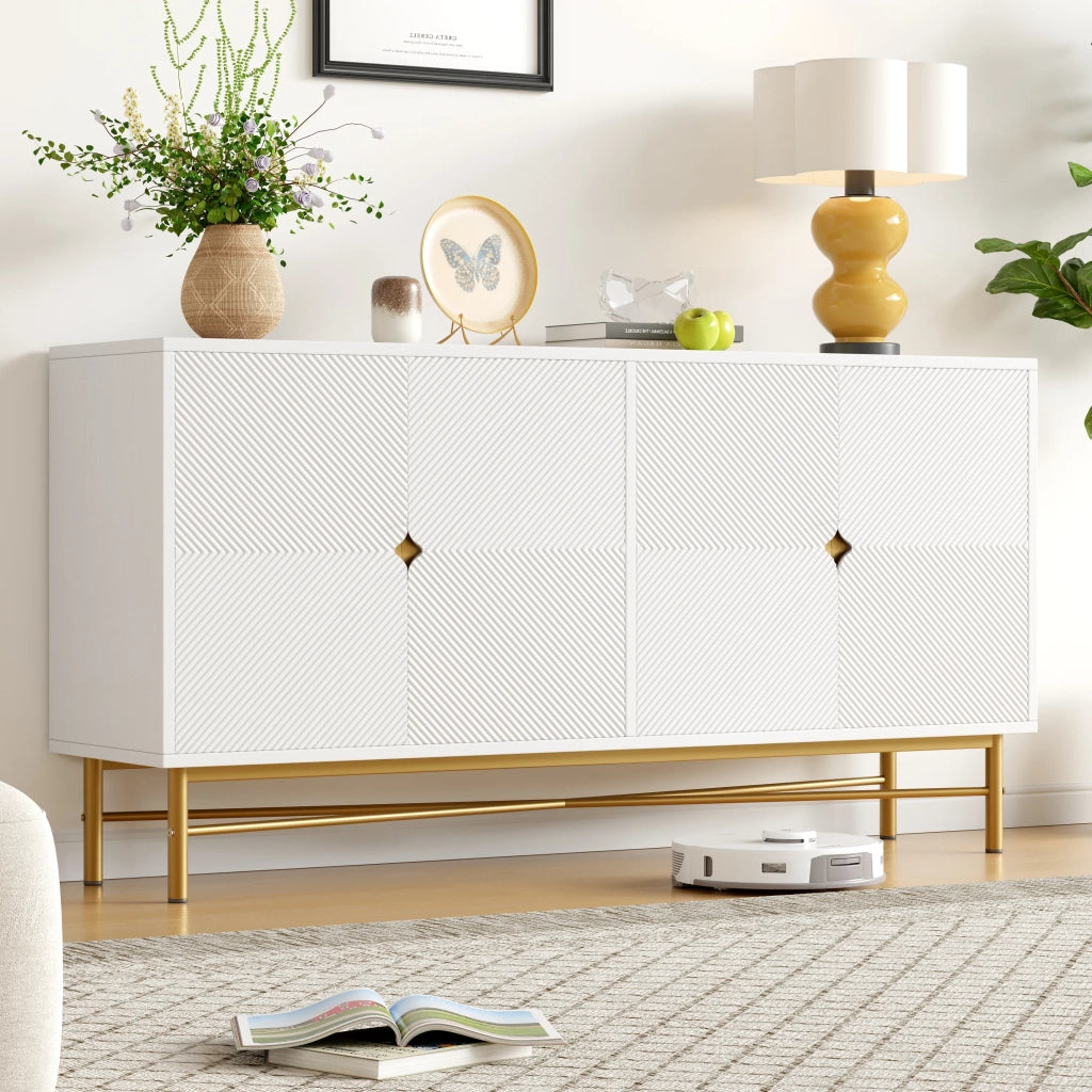 Sideboard bianco 160x40x82 cm, texture in rilievo, 4 ante, maniglie dorate spazzolate, gambe high-gloss