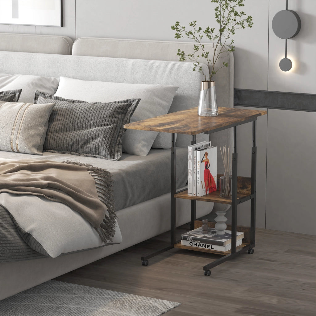 Tavolino da Salotto Industriale ¨C zephmum ¨C Marrone, Regolabile, 3 Ripiani, 4 Ruote