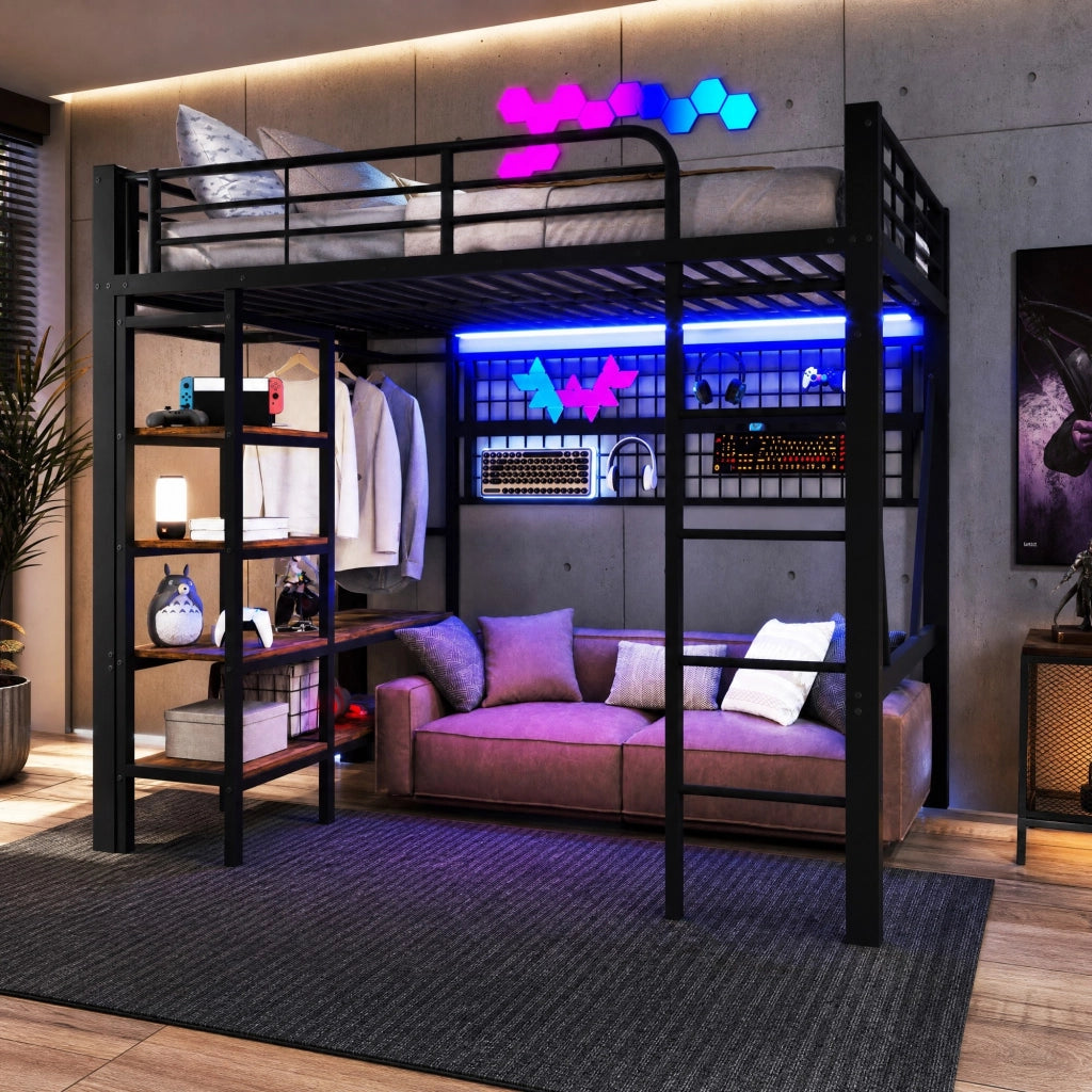 LETTO a soppalco 140x200 cm in Metallo e MDF Nero con LED e vano a giorno