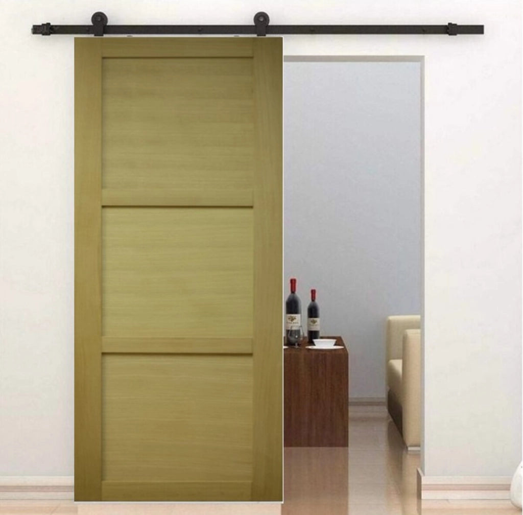 Porta scorrevole a 3 pannelli impiallacciata Ayous larghezza 93 + binario a rulli nero + 2 gusci installati