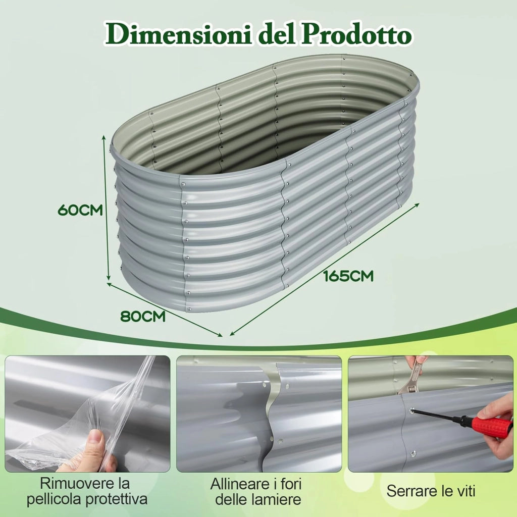 Letto da Esterno Rialzato in Metallo, Aiuola Rialzata in Ovale con Design a Fondo Aperto, Protettori d'Angolo Rinforzati, Orto Rialzato da Esterno per Verdure, Fiori, Erbe Aromatiche (Grigio)