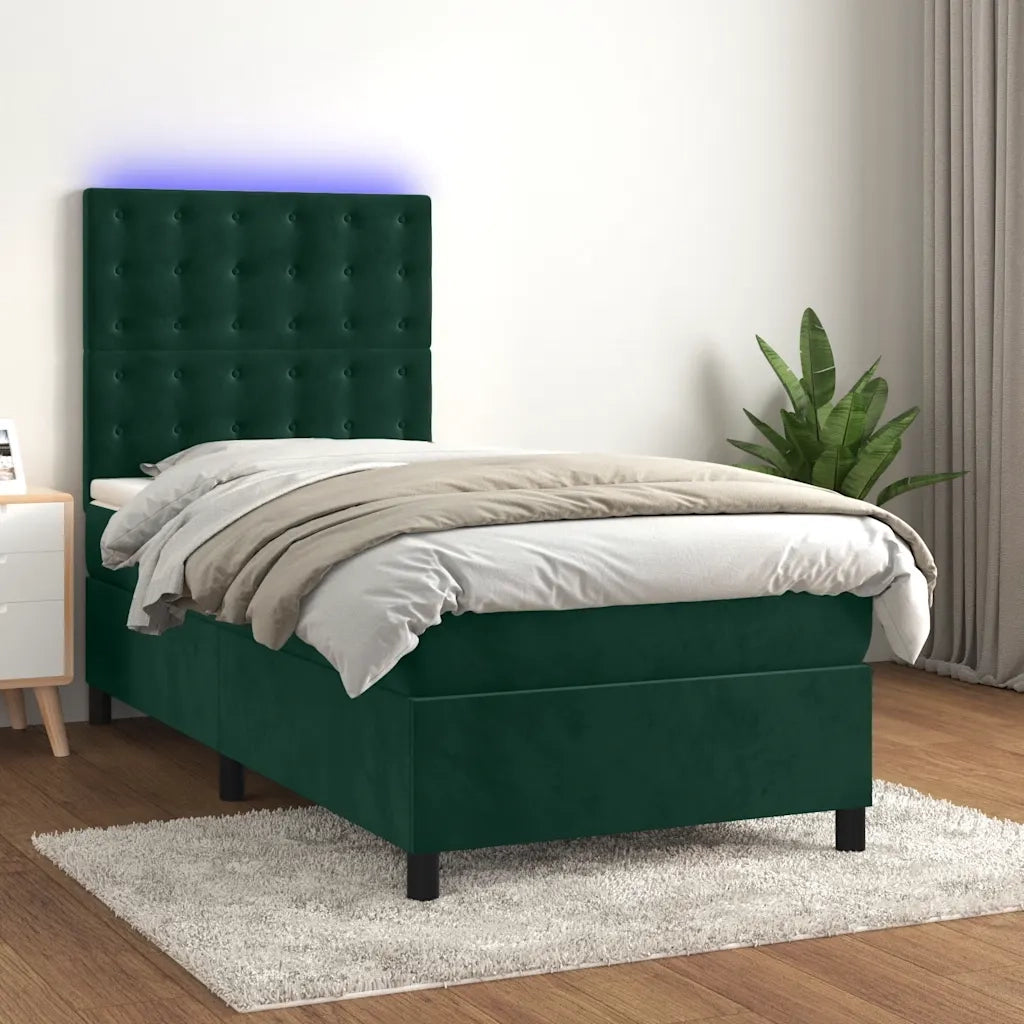 Letto a Molle con Materasso e LED Verde Scuro 90x190 cm Velluto 3136338