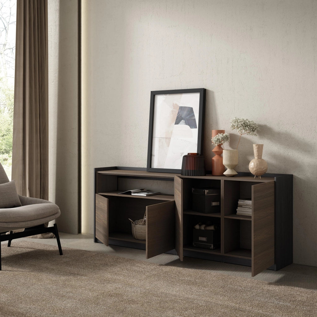 Credenza, Mobile, Cucina, 207x80x37 cm, 4 Porte, grande stoccaggio, Rovere scuro e Nero