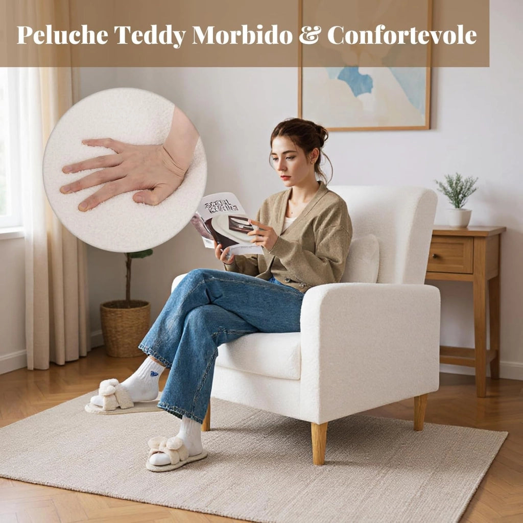 Poltrona da Salotto, Sofa Imbottita Ergonomica con Cuscino Lombare, Rivestimento in Pile Teddy, Gambe in Legno di Caucciù, Poltrona Moderna per Soggiorno e Camera da Letto, Portata 150 kg