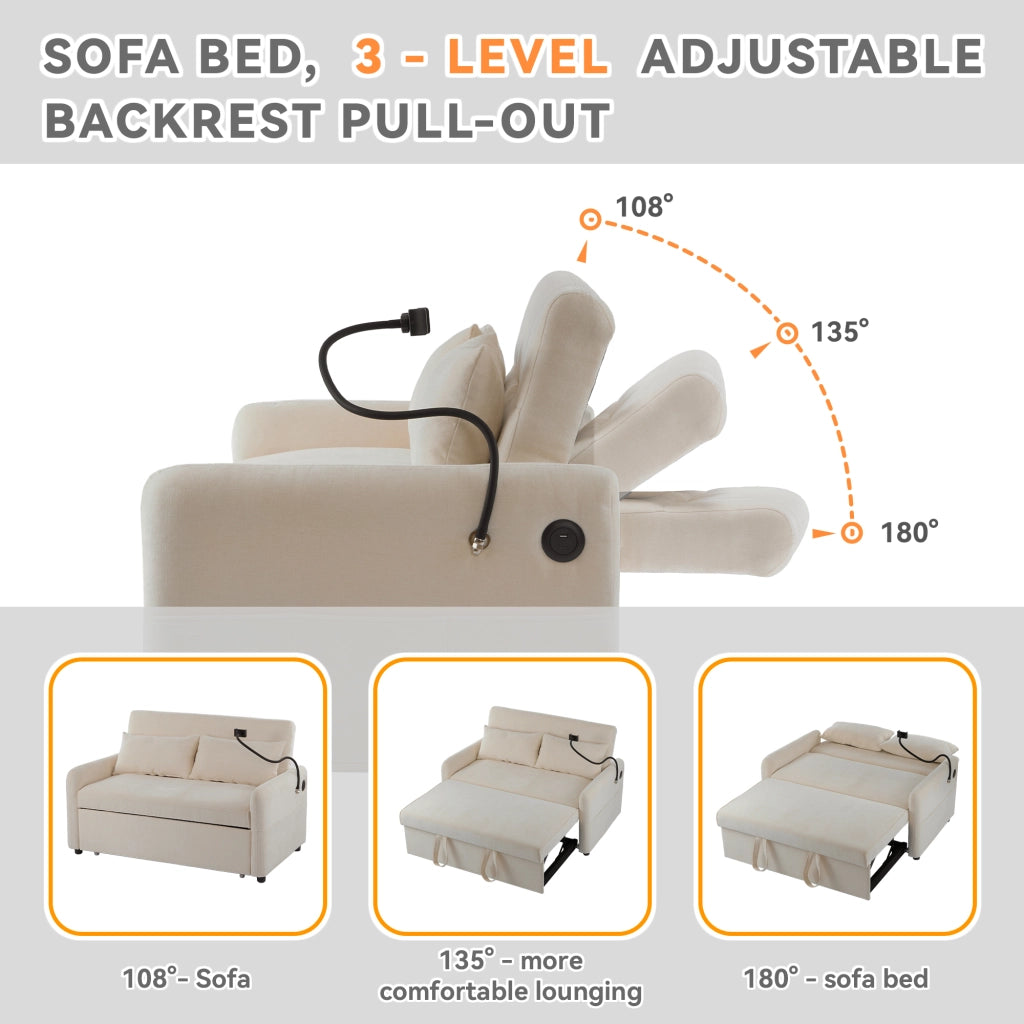 Divano letto 2 Posti con Schienale Regolabile, Porte USB, Supporto per Telefono e Tasche, Ciniglia Beige