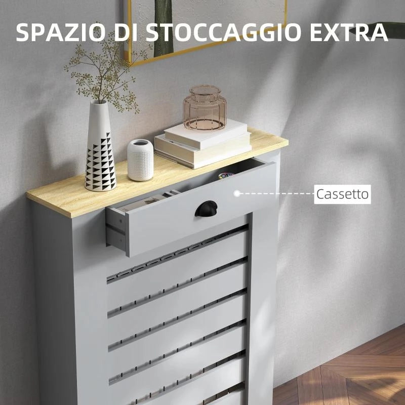 COPRITERMOSIFONE IN MDF A DOGHE, COPRICALORIFERO A GRIGLIA CON CASSETTO, 78X19X95.5 CM, GRIGIO