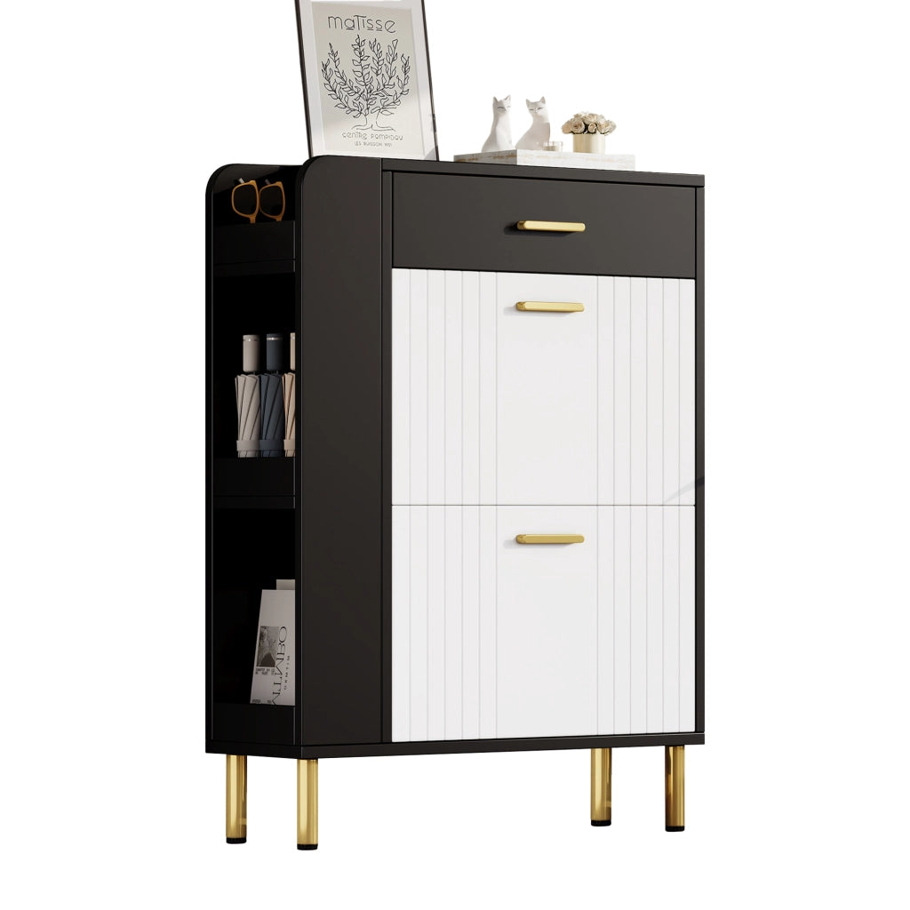 Scarpiera Slim con Ante, Cassetto e Ripiani ¨C MINIMAL ¨C Bianco/Nero, 80x24x105 cm