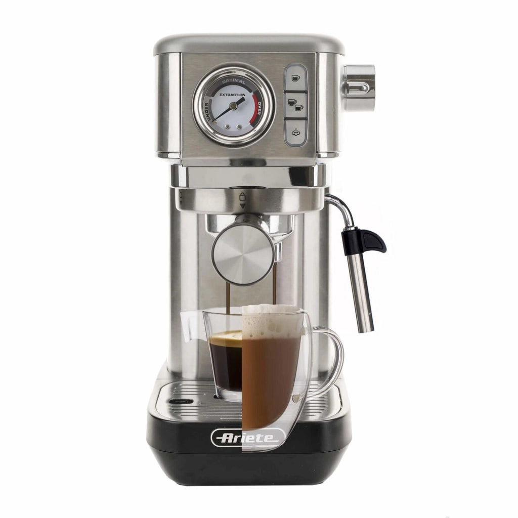 Ariete 1381 Macchina da caffè con manometro, compatibile con caffè in polvere e cialde ESE, 1300 W, Capacità 1,1 L, 15 bar di pressione, Filtro 1 o 2 tazze, Dispositivo Cappuccino, Silver