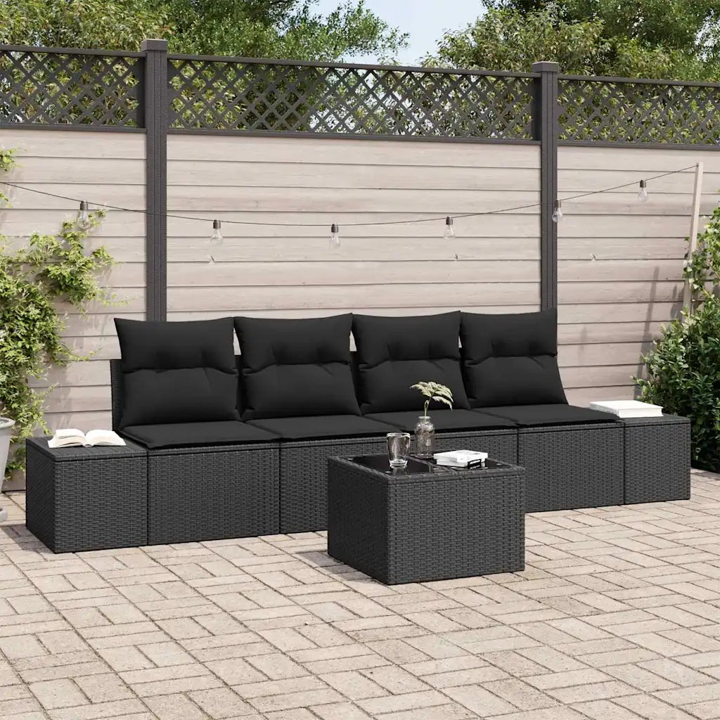 Set Divano da Giardino con cuscino 5 pcs Nero polyrattan