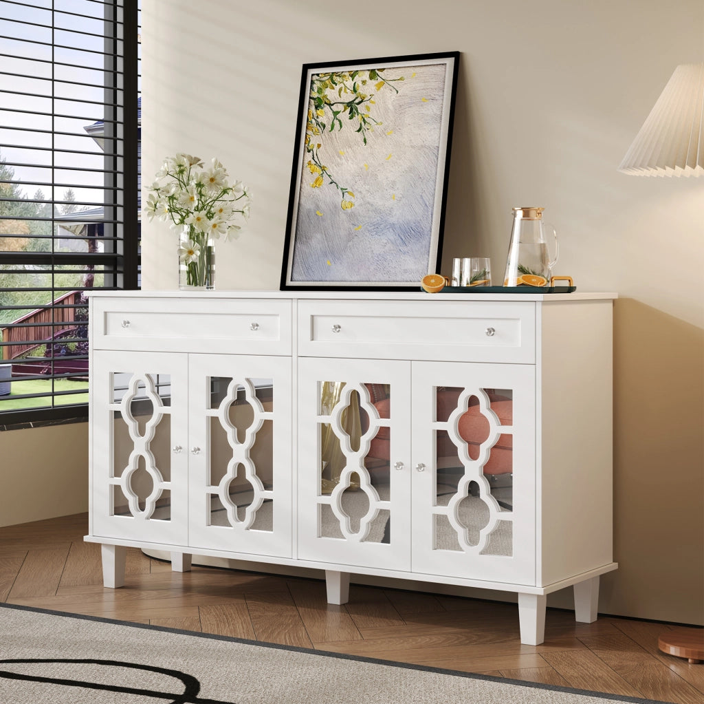 Credenza bianca in MDF con 4 ante a specchio; 2 cassetti e ripiano regolabile; 140 cm