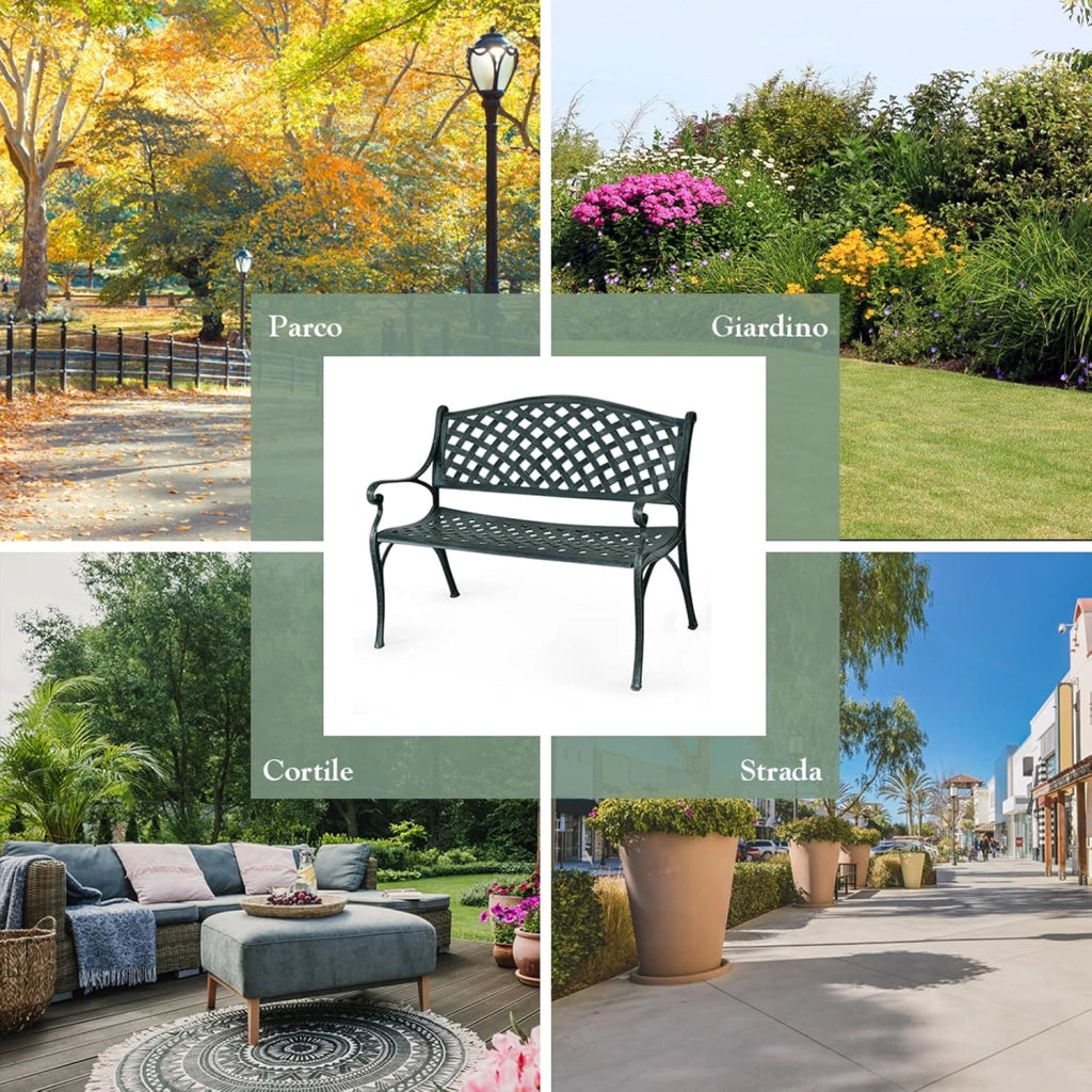 Panchina da Esterno, Panca di Metallo con Schienale Squisito, Braccioli Ergonomici e Sedile Ampio, Panchina da Giardino, Balcone e Cortile, 103 x 55 x 82 cm