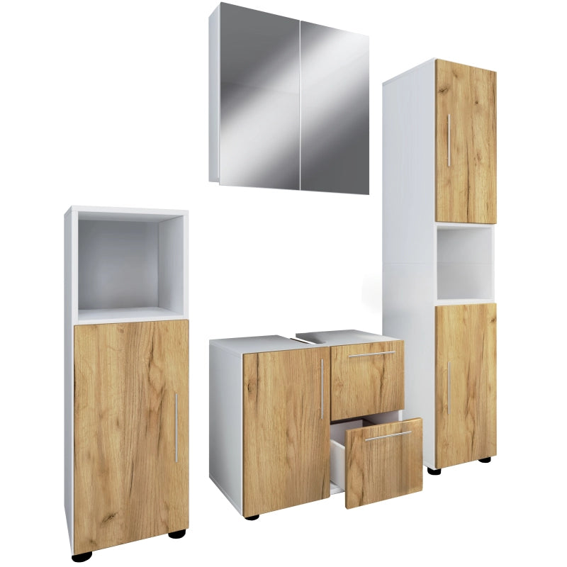 Armonia di Ezooza  Set Bagno Completo 4 Pezzi Mobile Lavabo + Colonna + Pensile e armadietto a specchio, Bianco/Rovere ,