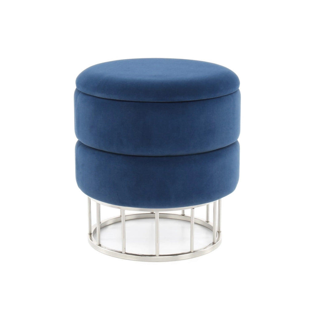 Pouf contenitore Zero in velluto blu e acciaio argento