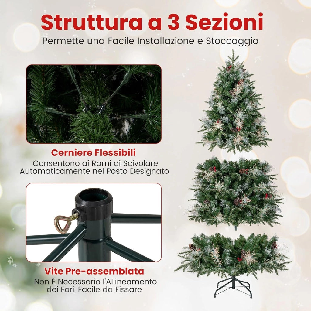 Albero di Natale Artificiale Pre-illuminato 180 cm con 270 Luci LED | Albero di Natale con 806 Punte di Rami in PE, PVC e PET e Pigne e Bacche Rosse, per Casa, Negozio e Ufficio