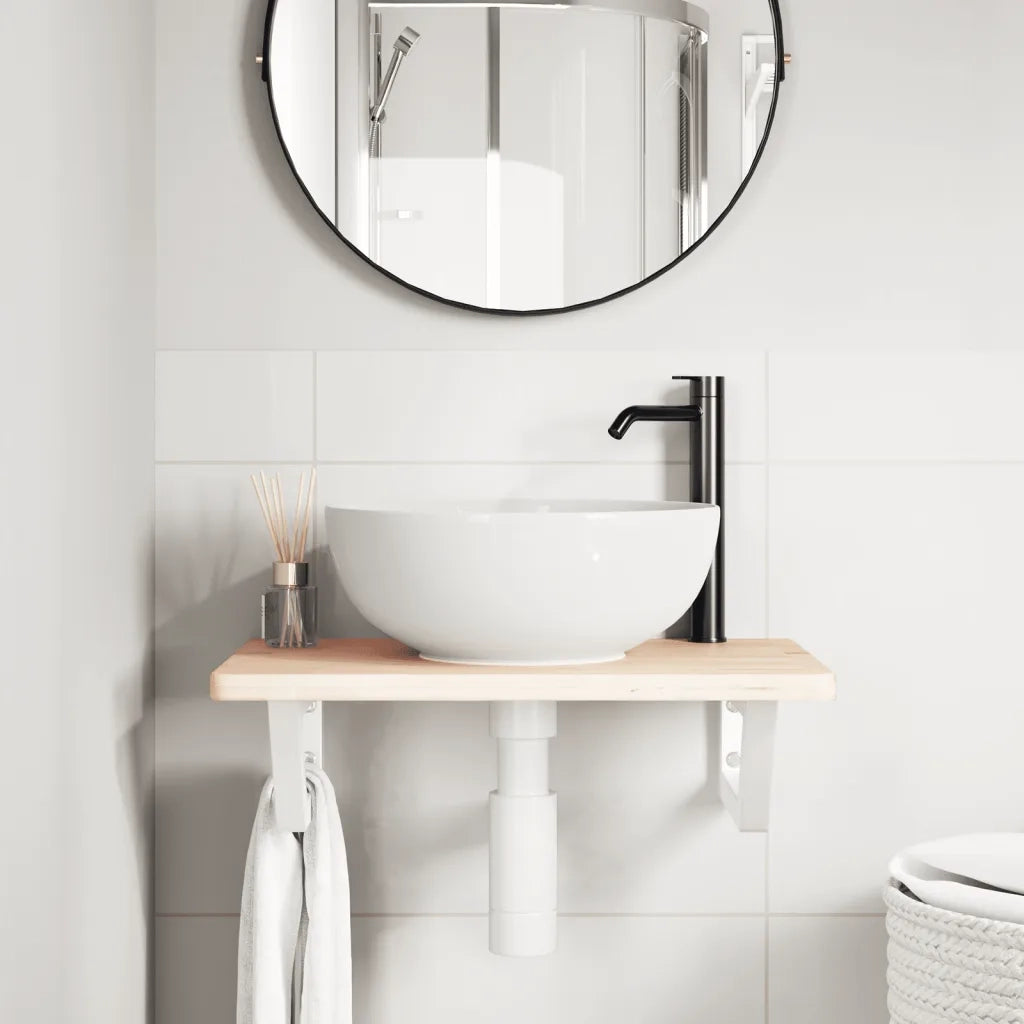 Ripiano a Parete per Lavabo-Mensole a Muro in Acciaio e Massello di Rovere 998726