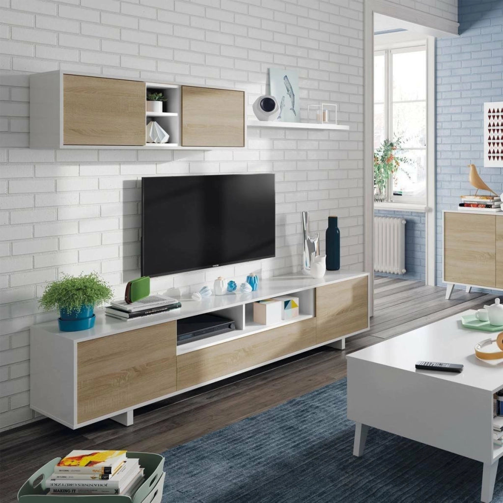 Mobile Soggiorno Angora, Parete Attrezzata 8 Ripiani, 200x41x46h cm Bianco Lucido
