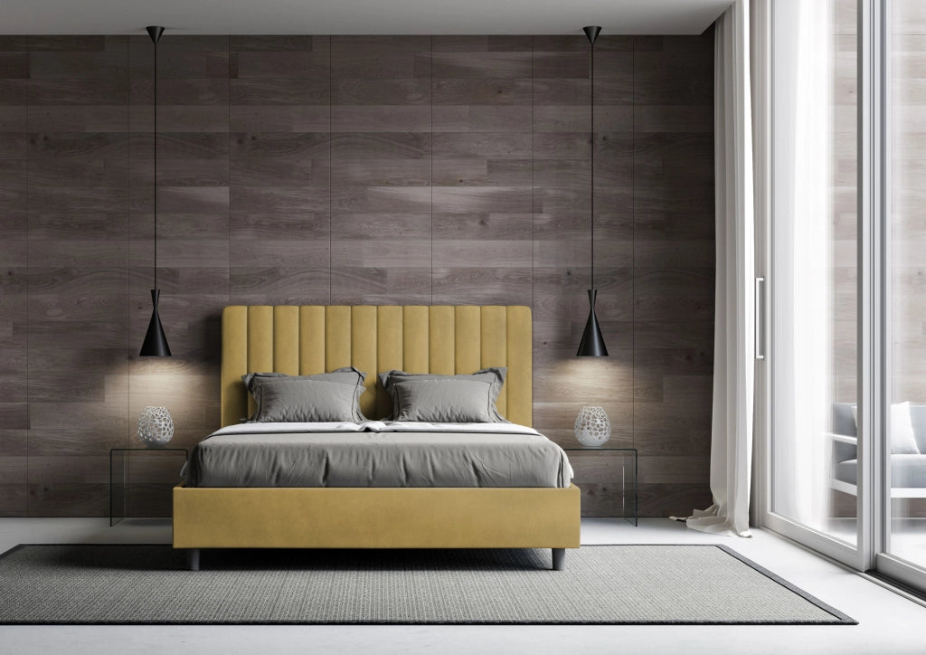 BS COM Letto una piazza e mezza con rete imbottito 130x210 microfibra ocra
