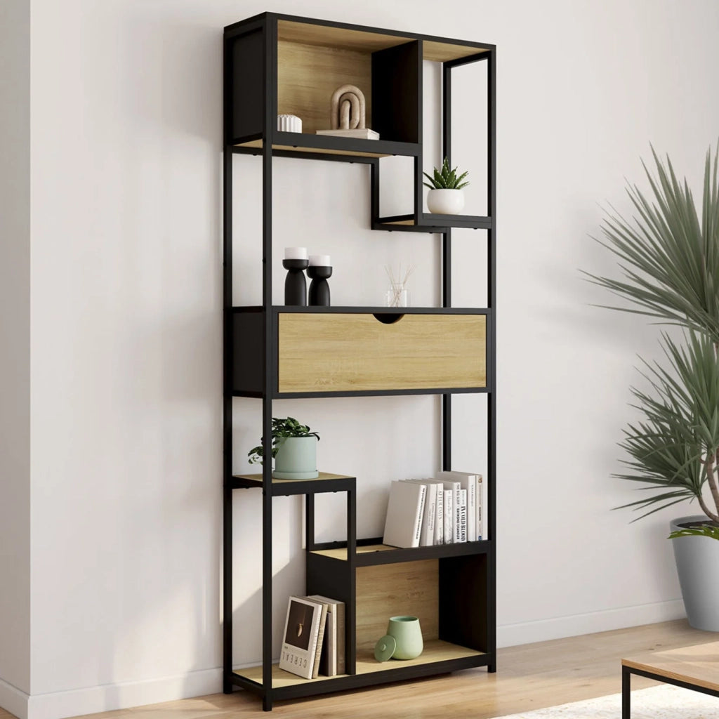 IDMarket - DETROIT libreria asimmetrica a 6 livelli con cassetto dal design industriale 161 cm