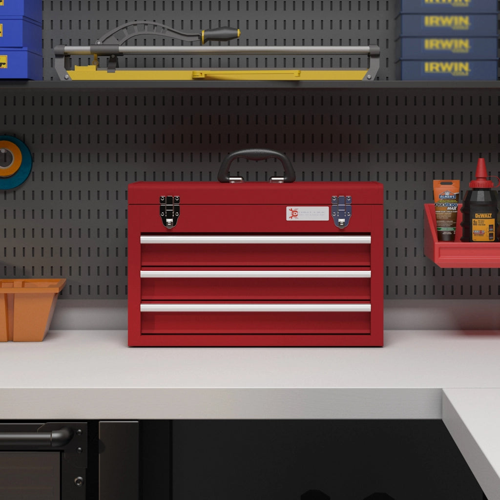 Cassetta attrezzi in acciaio rosso con 3 cassetti scorrevoli e vano superiore, 51x22x32 cm