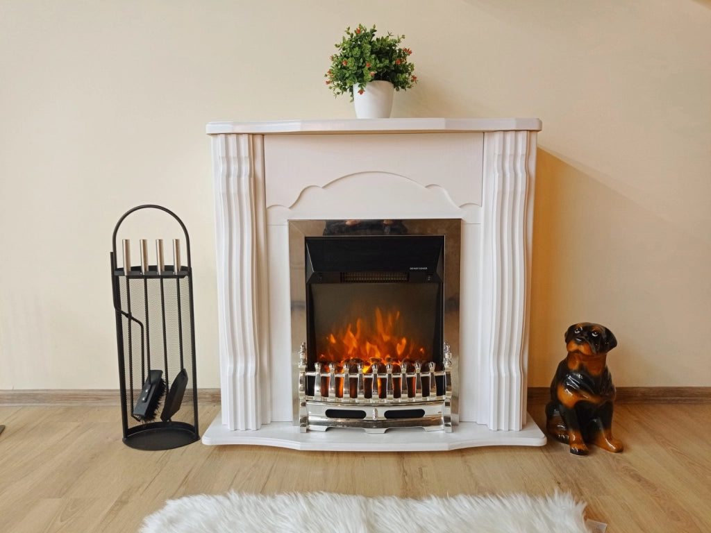 Camino Elettrico da Pavimento 88,3x95x30 cm Effetto Fiamma 2000W Classic & Galileo Silver Bianco