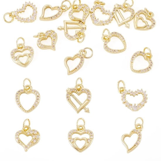Hanger 12 x a forma di cuore - Metallo dorato 18K - con pietruzze - per creare gioielli - Dimensioni: 11,5 x 10,5 mm
